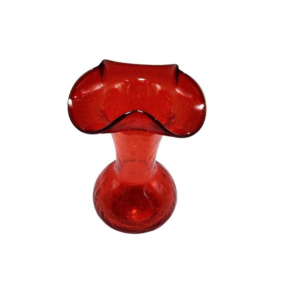 Vintage Pilgrim Hand Blown Glass Ruby Red Crackle Ruffled Top Vase WV - Picture 2 of 9